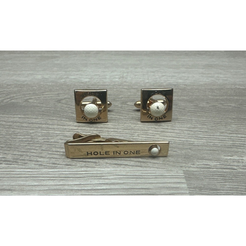 Vintage SWANK Gold-Tone Golf Themed Cufflinks&Tie Clip Set Hole In One Golf Ball
